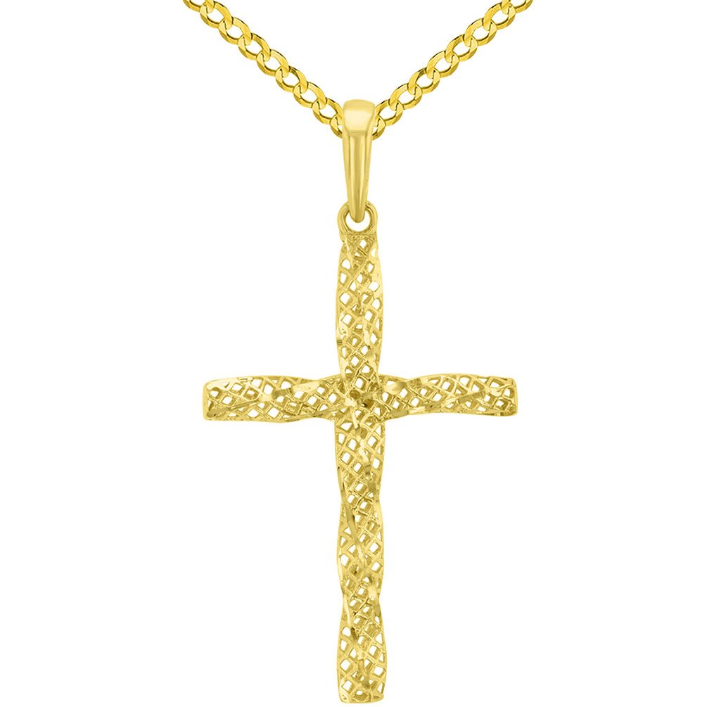 14K Yellow Gold Textured Spiral Tube Cross Pendant Cuban Chain Necklace