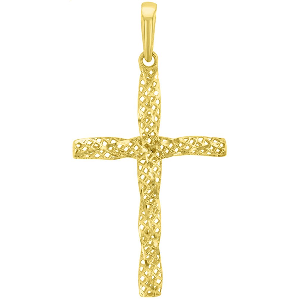 14K Yellow Gold Textured Spiral Tube Cross Pendant