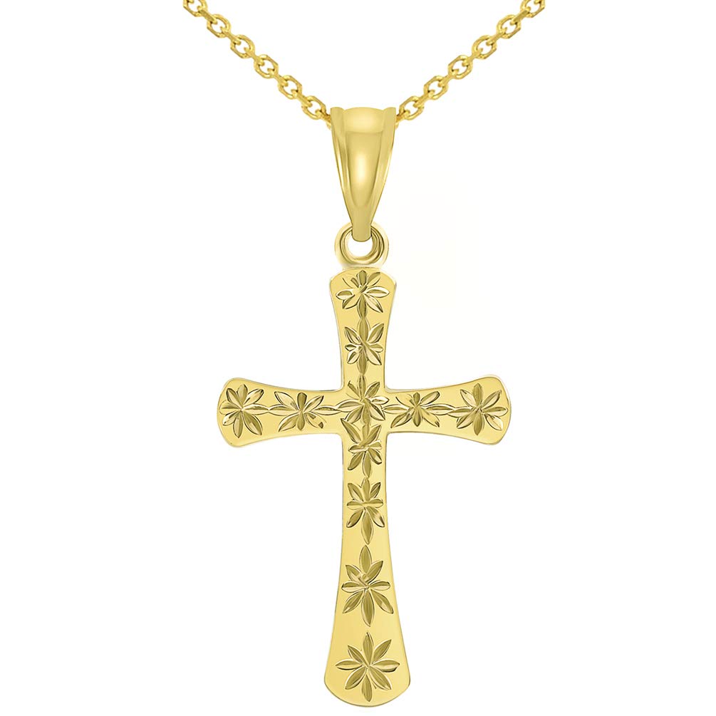 High Polished 14K Yellow Gold Textured Star Cut Religious Cross Pendant Necklace Available with Rolo, Curb, or Figaro Chain