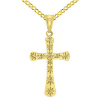Load image into Gallery viewer, High Polished 14K Yellow Gold Textured Star Cut Religious Cross Pendant Necklace Available with Rolo, Curb, or Figaro Chain
