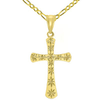 Load image into Gallery viewer, High Polished 14K Yellow Gold Textured Star Cut Religious Cross Pendant Necklace Available with Rolo, Curb, or Figaro Chain
