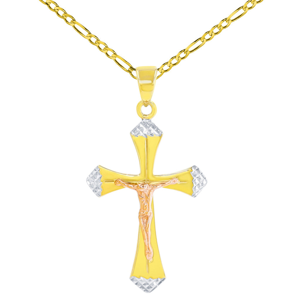 Textured 14K Yellow Gold & Rose Gold Two Tone Cross Crucifix Pendant Figaro Chain Necklace
