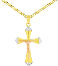 Load image into Gallery viewer, Textured 14K Yellow Gold &amp; Rose Gold Two Tone Cross Crucifix Pendant Cuban Chain Necklace
