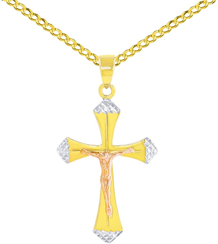 Textured 14K Yellow Gold & Rose Gold Two Tone Cross Crucifix Pendant Cuban Chain Necklace