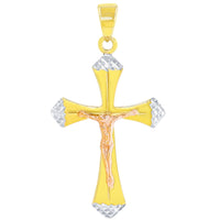 Load image into Gallery viewer, Textured 14K Yellow Gold &amp; Rose Gold Two Tone Cross Crucifix Pendant Figaro Chain Necklace
