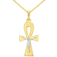 Load image into Gallery viewer, Solid 14K Two-Tone Egyptian Ankh Cross with Jesus Christ Crucifix Pendant Necklace
