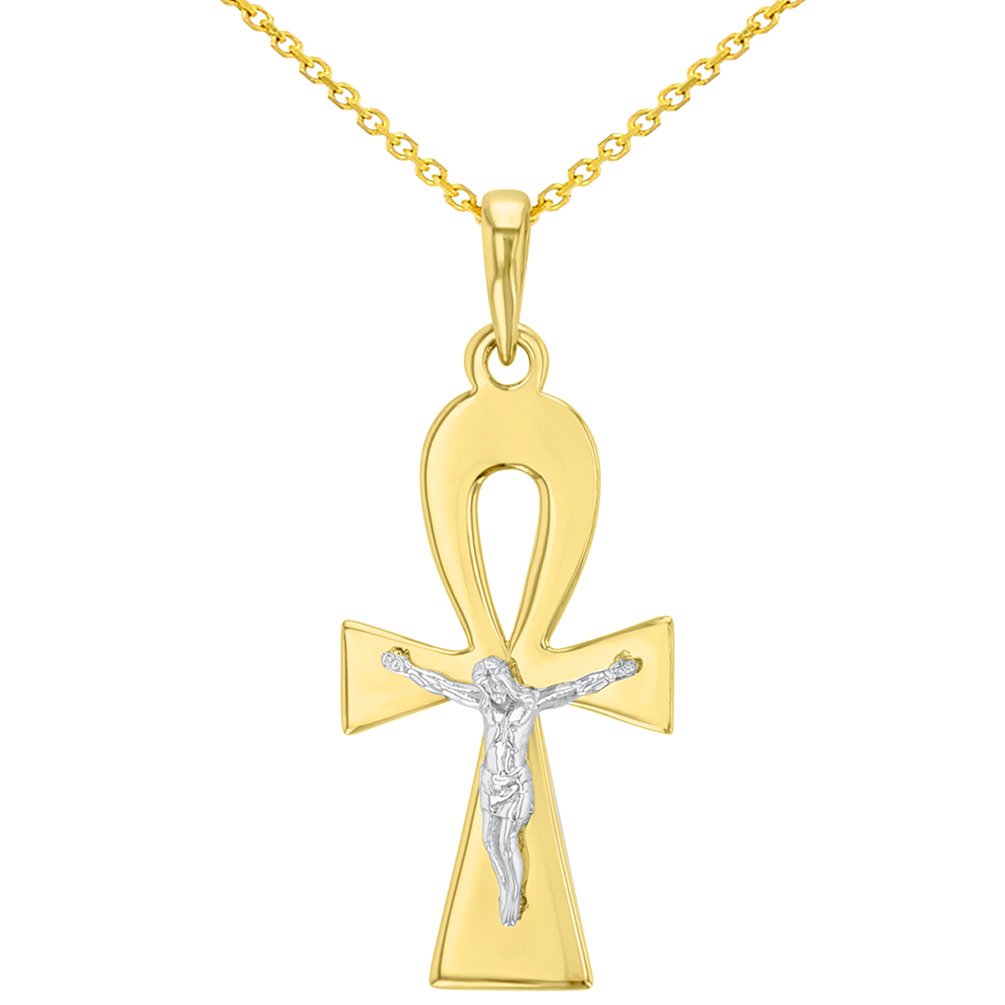 Solid 14K Two-Tone Egyptian Ankh Cross with Jesus Christ Crucifix Pendant Necklace