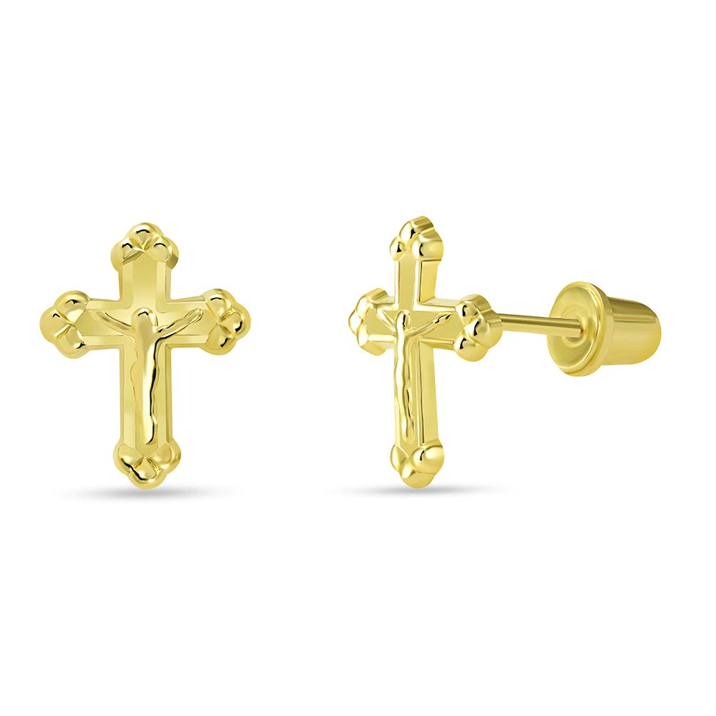 14k Yellow Gold Christian Cross Jesus Crucifix Stud Earrings with Screw Back