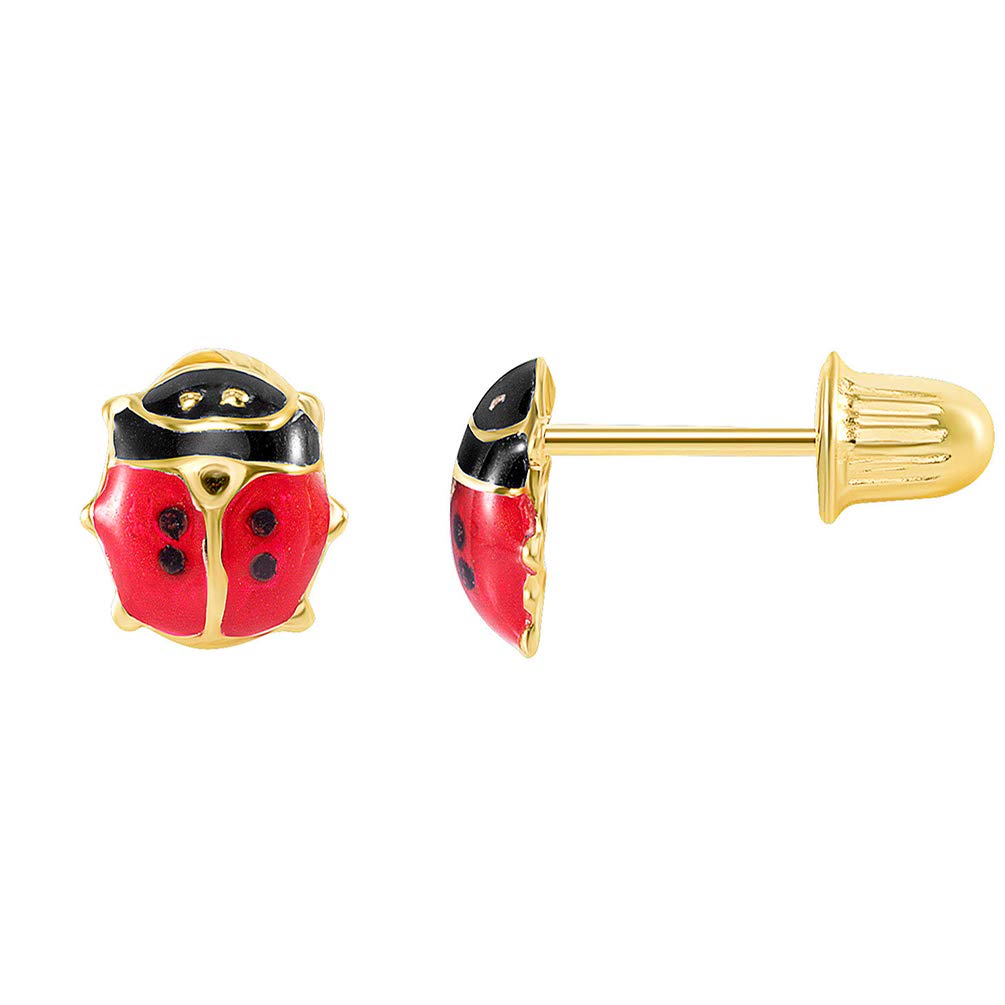 14k Yellow Gold Mini Ladybug Stud Earrings with Screw Back 