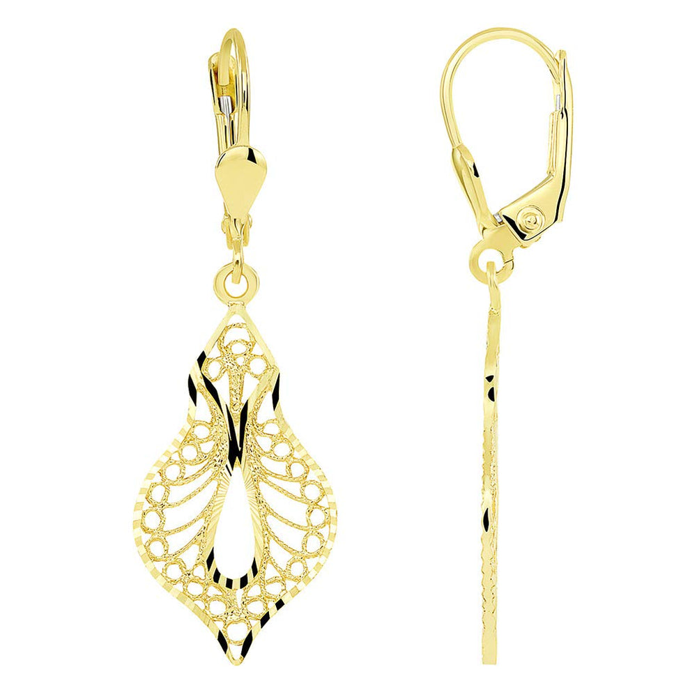 14k Yellow Gold Textured Boho-Chic Elegant Filigree Dangle Earrings with Lever Back