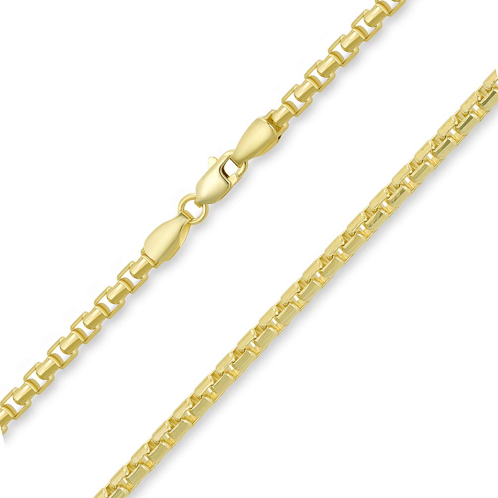 Semi-Solid 14k Yellow Gold 3mm Round Box Link Chain Necklace with Lobster Claw Clasp