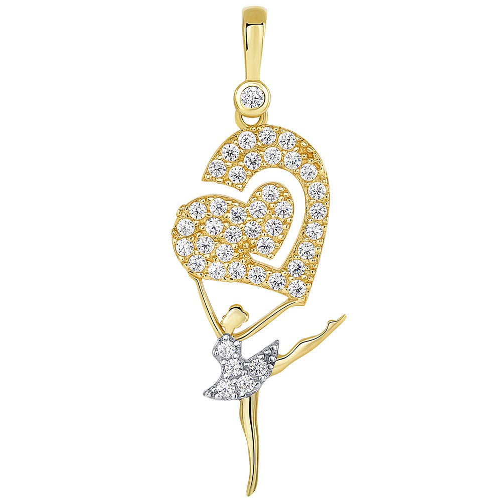 14k Gold CZ Arabesque Ballerina Dancer Holding Heart Pendant