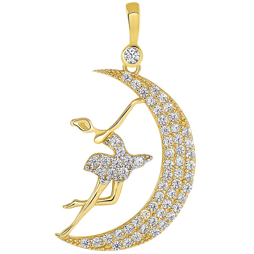 14k Yellow Gold CZ Ballerina Dancer Dancing on the Moon Pendant