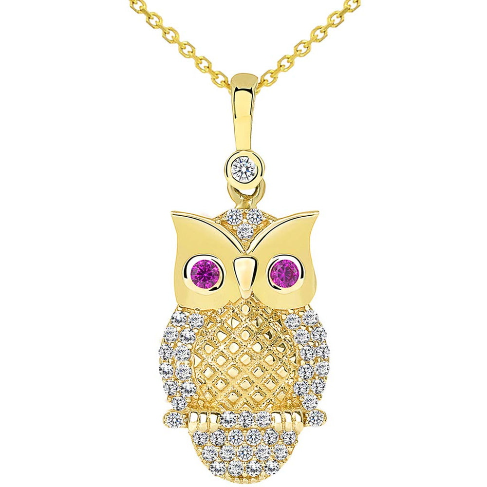 14K Gold CZ Elegant Owl Animal Pendant Necklace