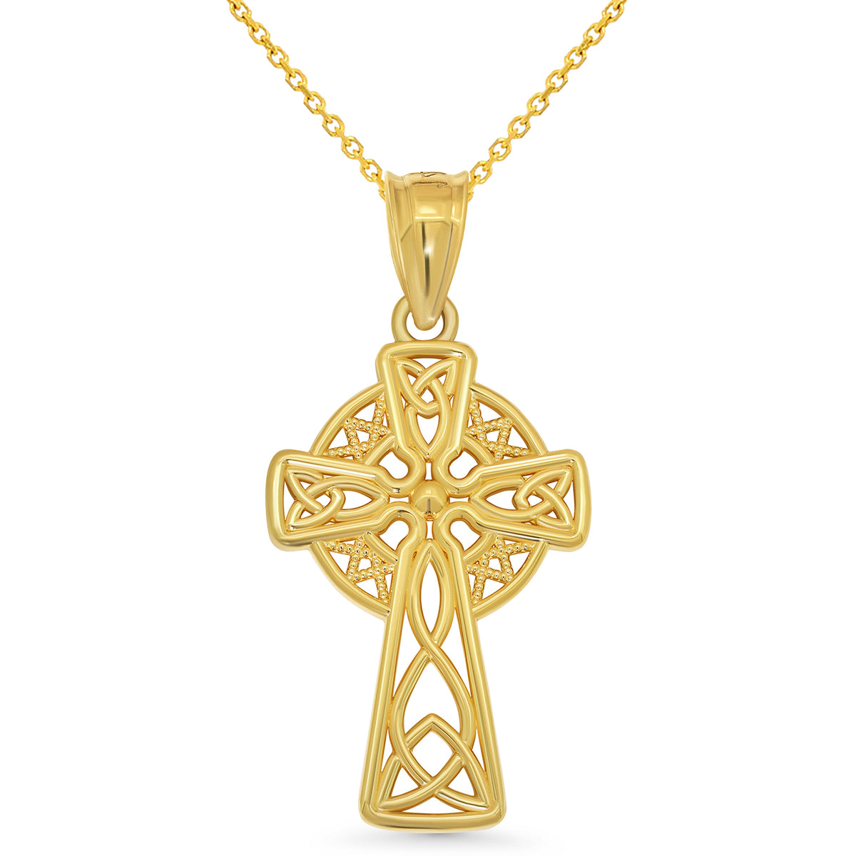 14k Gold Irish Trinity Knot Celtic Cross Pendant Necklace