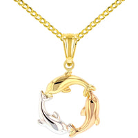 Load image into Gallery viewer, 14K Gold Kissing Dolphin Circle Pendant Necklace
