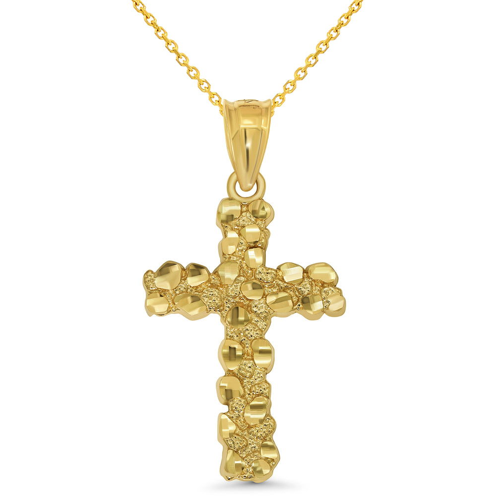 14k Gold Nugget Textured Cross Pendant Necklace