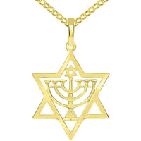 Load image into Gallery viewer, 14k Gold Star of David Menorah Pendant Necklace
