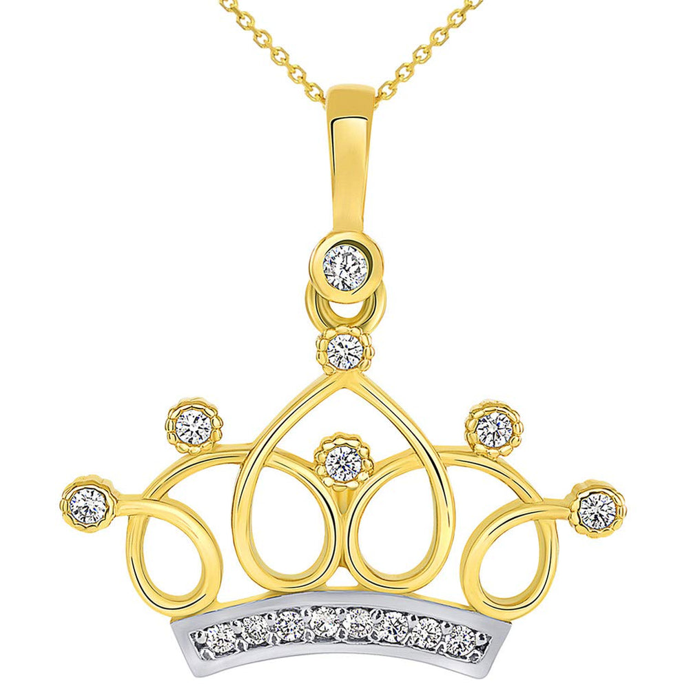 14k Gold Studded Elegant Princess Crown Pendant Necklace