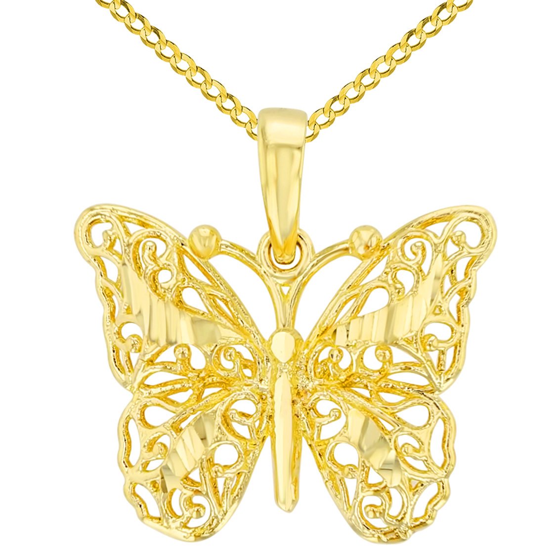 14K Gold Textured Filigree 3D Butterfly Pendant Necklace