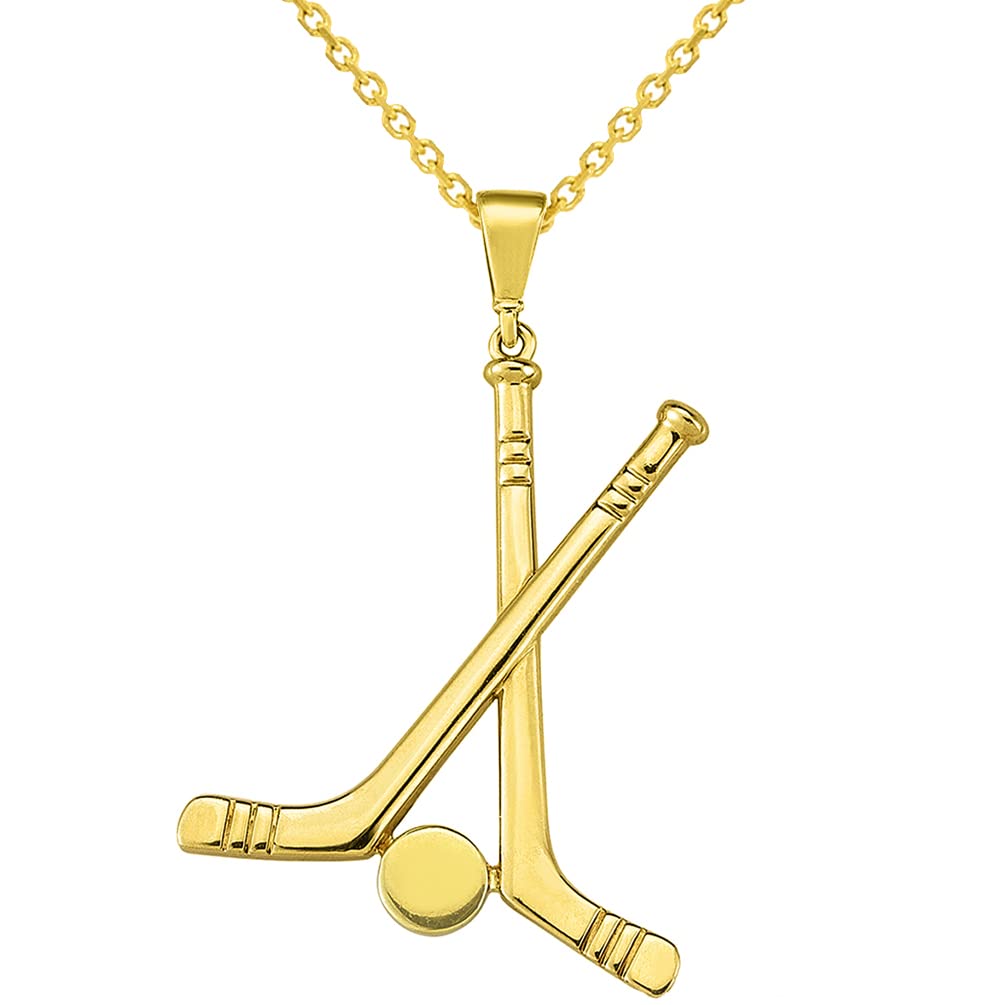 14k Gold Two Hockey Sticks with Puck Sports Pendant Necklace