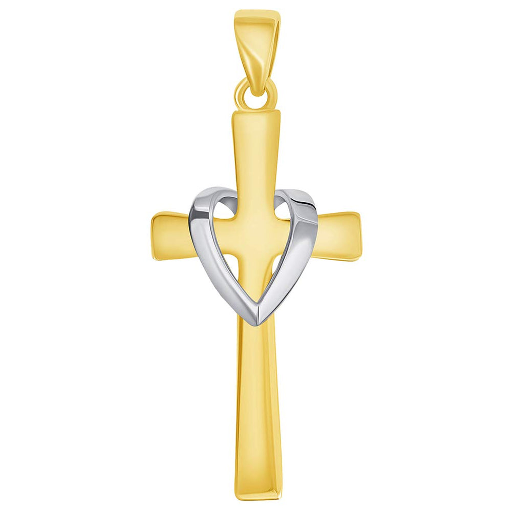 14k Two-Tone Gold Religious Heart Cross Pendant