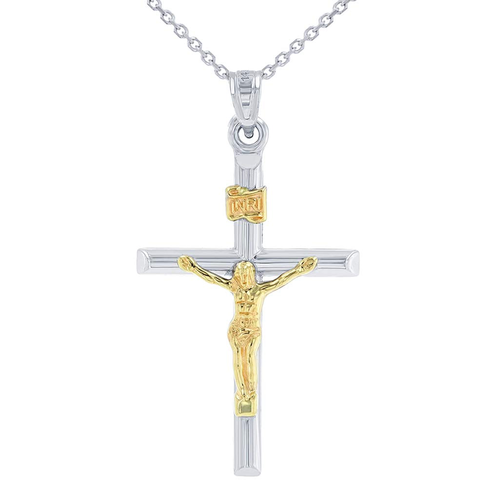 14k White Gold INRI Cross Two Tone Crucifix Pendant Necklace