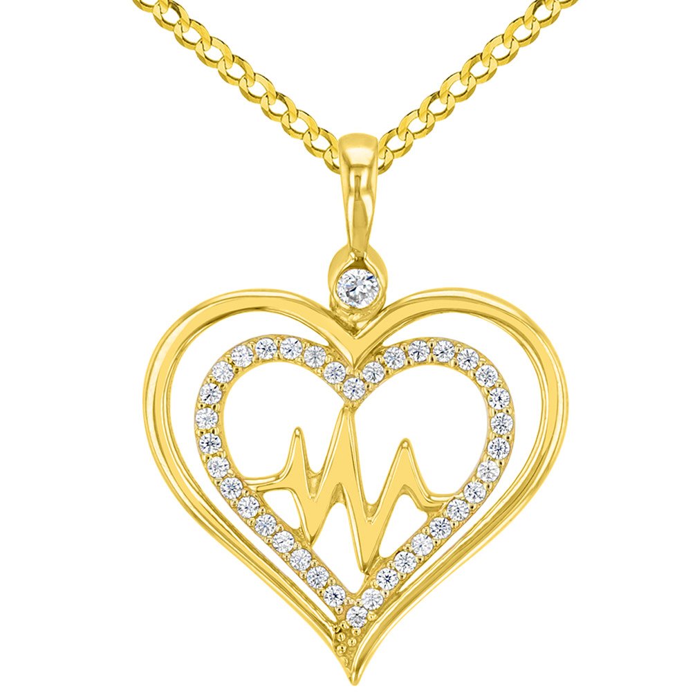 14K Yellow Gold CZ Double Heart Heartbeat Pendant Necklace