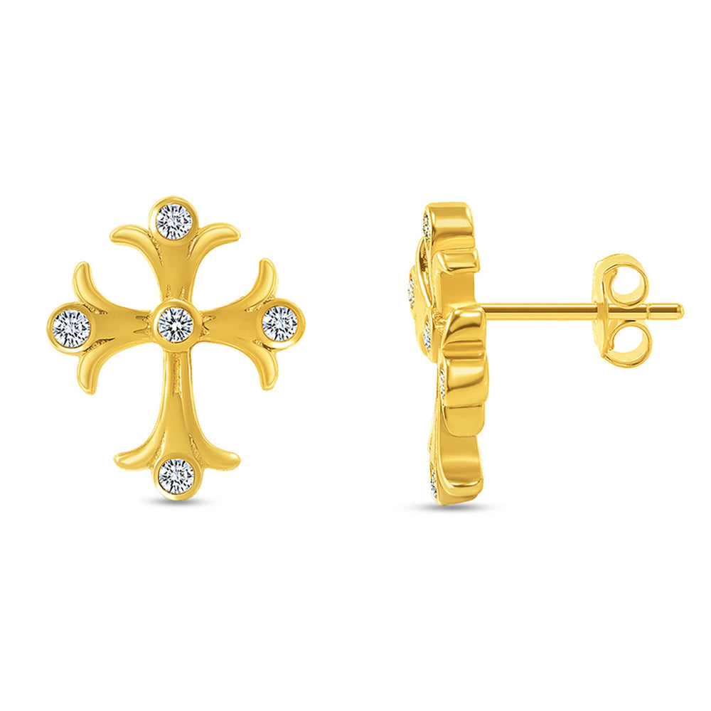 14k Yellow Gold Fleur de Lis Cross Stud Earrings