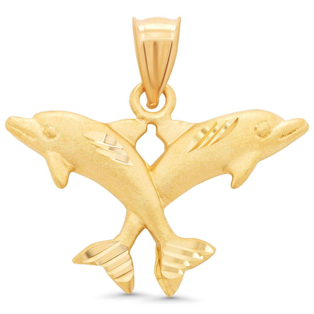 14k Yellow Gold Ocean Double Dolphin Pendant