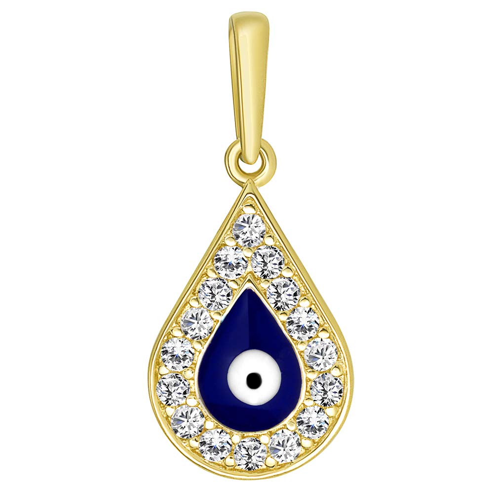 14k Yellow Gold Teardrop Blue Evil Eye Pendant