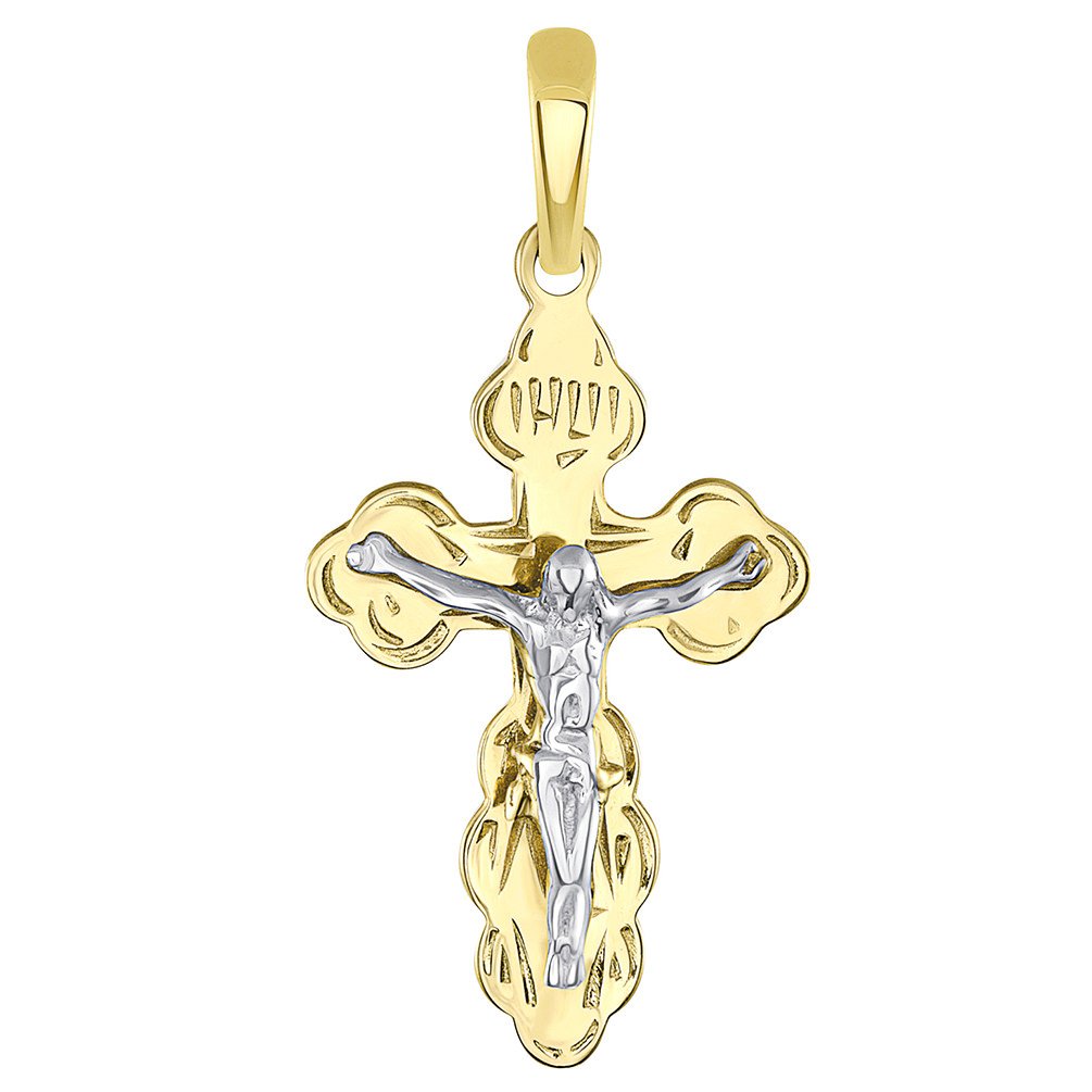 Solid 14k Two Tone Gold Eastern Orthodox Cross Save and Protect Crucifix Pendant