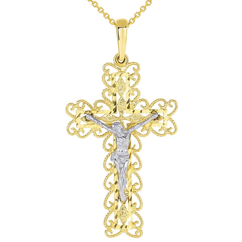 14k Two Tone Gold Fancy Religious Filigree Cross Jesus Crucifix Pendant Necklace