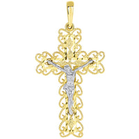 Load image into Gallery viewer, 14k Two Tone Gold Fancy Religious Filigree Cross Jesus Crucifix Pendant Necklace
