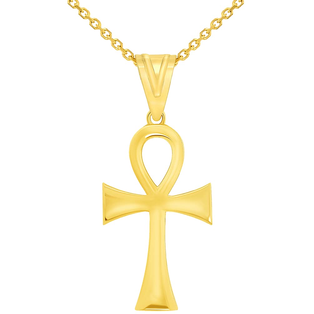 Polished 14k Yellow Gold 1.2 Inch Height Classic Egyptian Ankh Cross Pendant with Rolo Cable, Cuban Curb, or Figaro Chain Necklaces