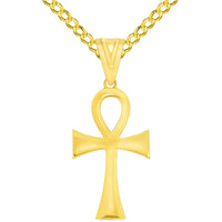 Load image into Gallery viewer, Polished 14k Yellow Gold 1.2 Inch Height Classic Egyptian Ankh Cross Pendant with Rolo Cable, Cuban Curb, or Figaro Chain Necklaces
