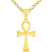 Load image into Gallery viewer, Polished 14k Yellow Gold 1.2 Inch Height Classic Egyptian Ankh Cross Pendant with Rolo Cable, Cuban Curb, or Figaro Chain Necklaces
