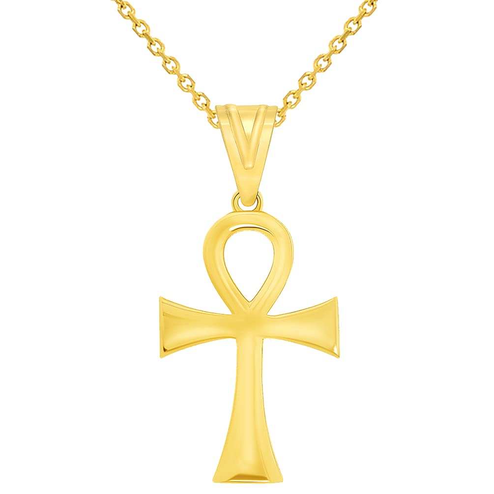 Polished 14k Yellow Gold 1 inch Height Classic Egyptian Ankh Cross Pendant with Rolo Cable, Cuban Curb, or Figaro Chain Necklaces