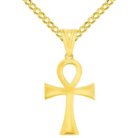 Load image into Gallery viewer, Polished 14k Yellow Gold 1 inch Height Classic Egyptian Ankh Cross Pendant with Rolo Cable, Cuban Curb, or Figaro Chain Necklaces

