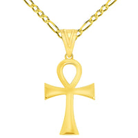 Load image into Gallery viewer, Polished 14k Yellow Gold 1 inch Height Classic Egyptian Ankh Cross Pendant with Rolo Cable, Cuban Curb, or Figaro Chain Necklaces
