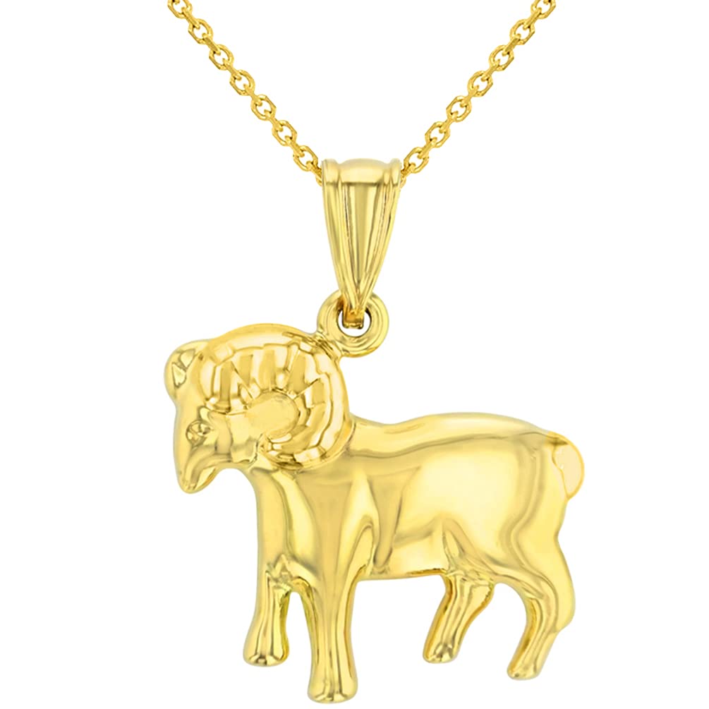 High Polish 14k Yellow Gold 3D Aries Zodiac Sign Ram Animal Pendant With Cable, Curb or Figaro Chain Necklace