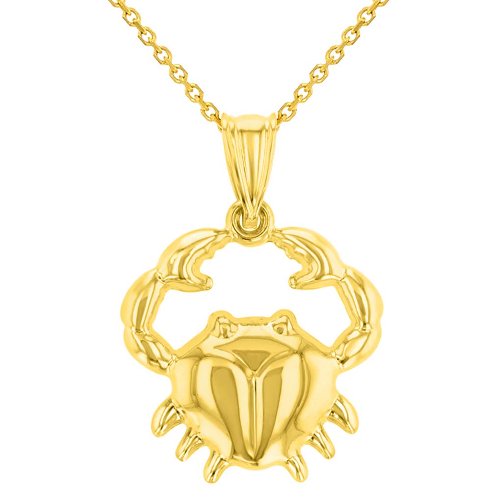 High Polish 14k Yellow Gold 3D Cancer Zodiac Sign Charm Crab Animal Pendant With Cable, Curb or Figaro Chain Necklace