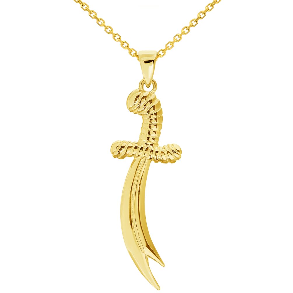 Solid 14k Yellow Gold 3D Double-Pointed Scimitar Sword Pendant with Cable, Cuban Curb, or Figaro Chain Necklaces