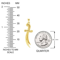 Load image into Gallery viewer, Solid 14k Yellow Gold 3D Double-Pointed Scimitar Sword Pendant with Cable, Cuban Curb, or Figaro Chain Necklaces
