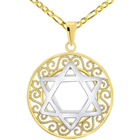 Load image into Gallery viewer, 14k Two-Tone Gold 3D Filigree Jewish Star of David Medallion Pendant with Figaro Chain Necklace
