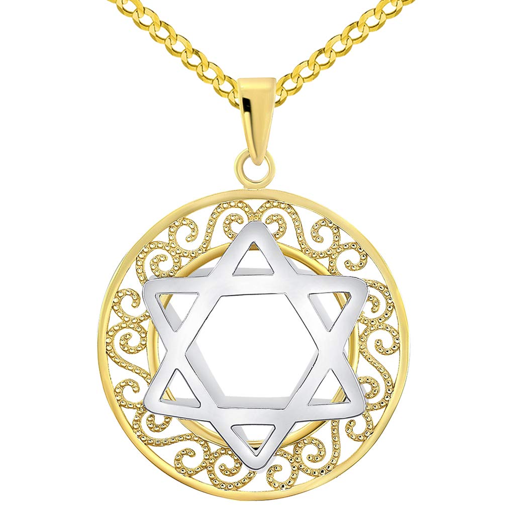 14k Two-Tone Gold 3D Filigree Jewish Star of David Medallion Pendant with Curb Chain Necklace
