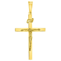 Load image into Gallery viewer, 14k Yellow Gold 3D INRI Catholic Chrisitan Crucifix Cross Pendant With Cable, Curb or Figaro Chain Necklace
