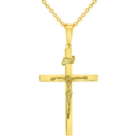 Load image into Gallery viewer, 14k Yellow Gold 3D INRI Catholic Chrisitan Crucifix Cross Pendant With Cable, Curb or Figaro Chain Necklace
