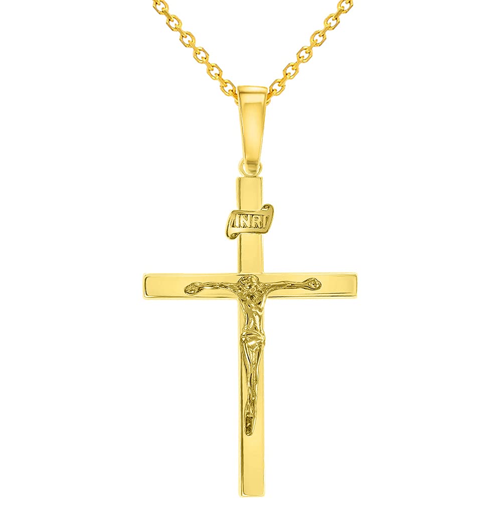 14k Yellow Gold 3D INRI Catholic Chrisitan Crucifix Cross Pendant With Cable, Curb or Figaro Chain Necklace
