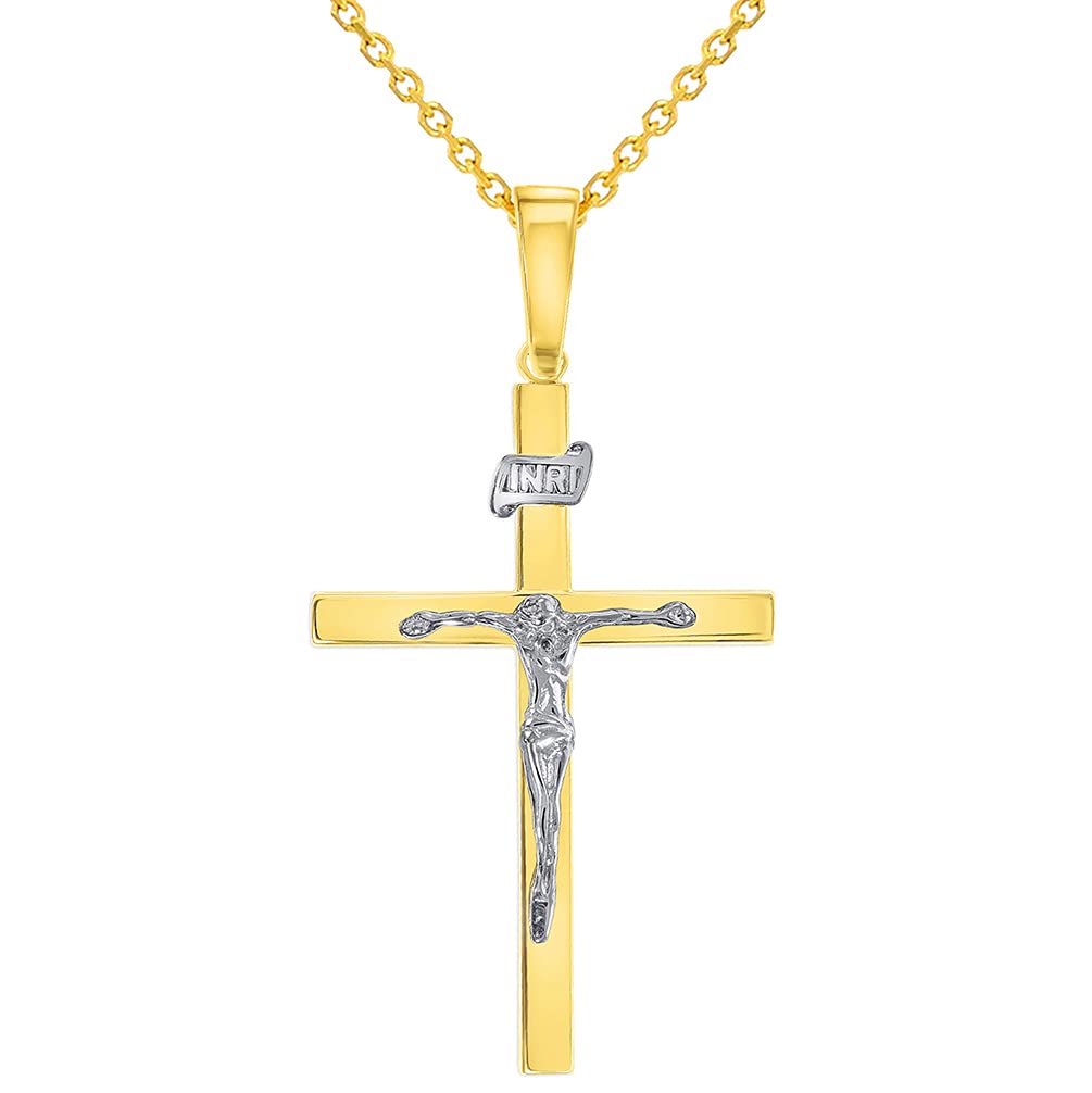 14k Two-Tone Gold 3D INRI Catholic Chrisitan Crucifix Cross Pendant With Cable, Curb or Figaro Chain Necklace